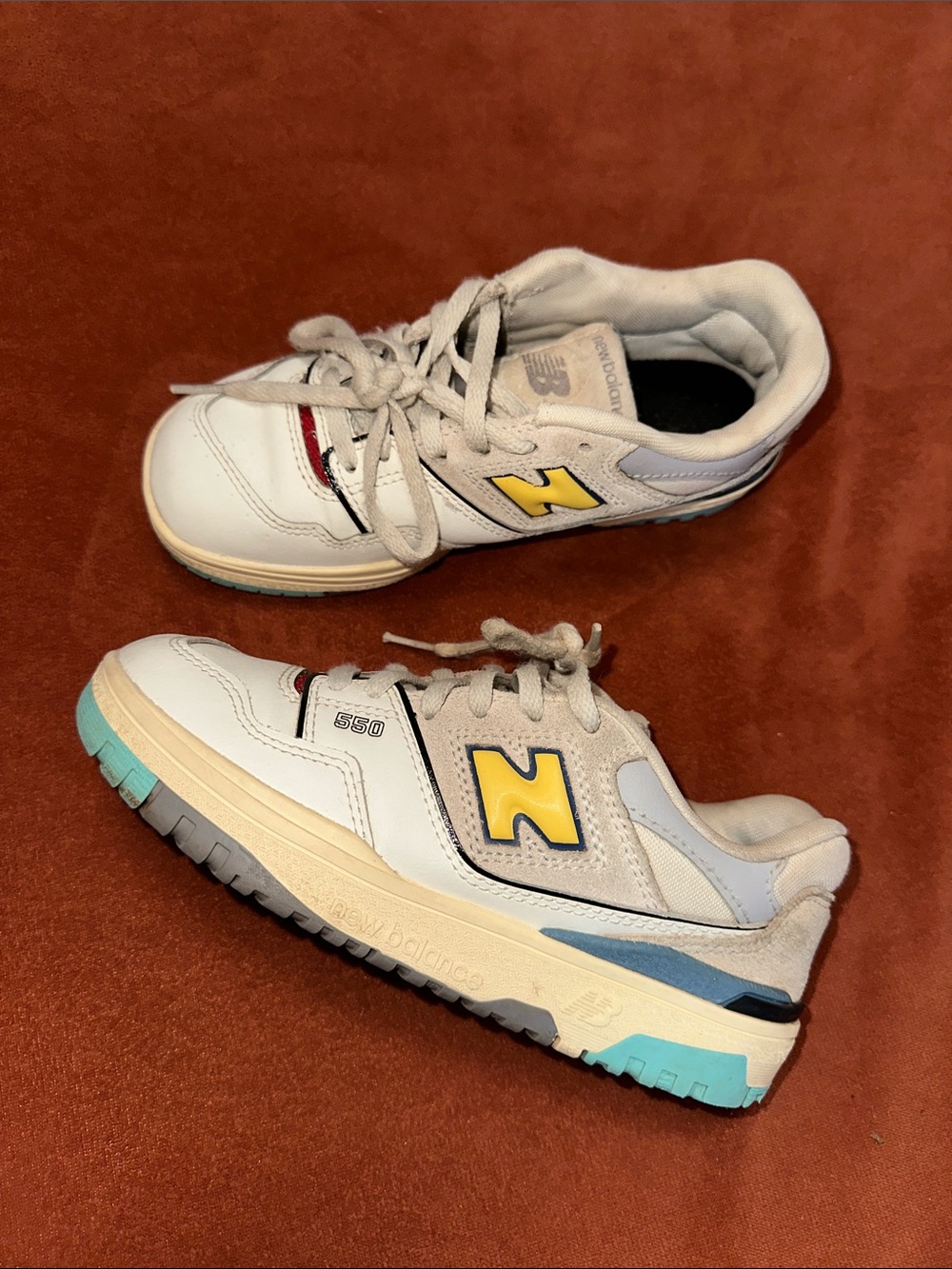 New Balance 550 Kids White, Beige & Yellow Sneakers with Blue Accent